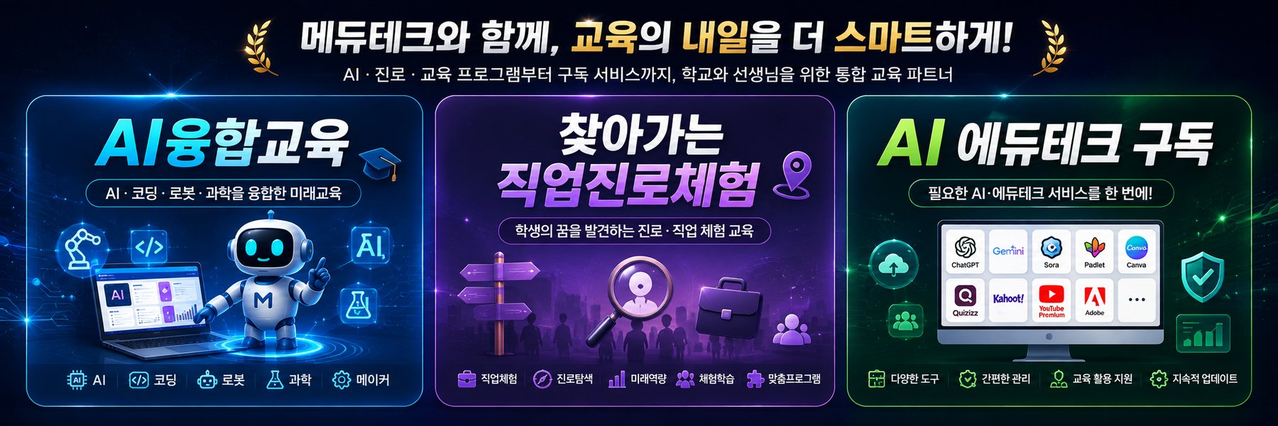 메듀테크와 함께, 교육의 내일을 더 스마트하게! AI융합교육 · 찾아가는 직업진로체험 · AI 에듀테크 구독